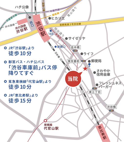 アクセスマップ：JR「渋谷駅」より徒歩10分／都営バス・ハチ公バス「渋谷車庫前」バス停降りてすぐ
