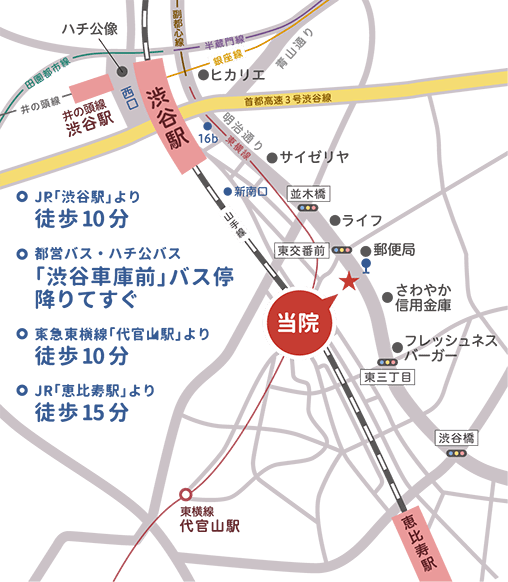 渋谷駅、代官山駅、恵比寿駅など通いやすい立地